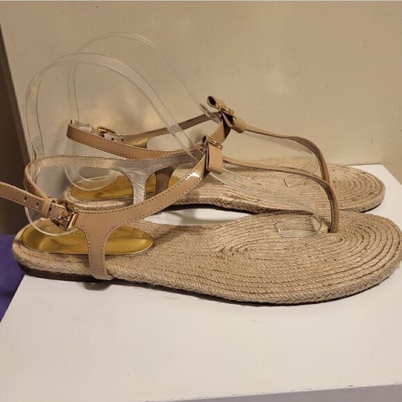 MK Michael Kors Tan Patent Leather & Jute Sole T-Strap Sandals sz. 9.5 Ret.$129 - Picture 2 of 7